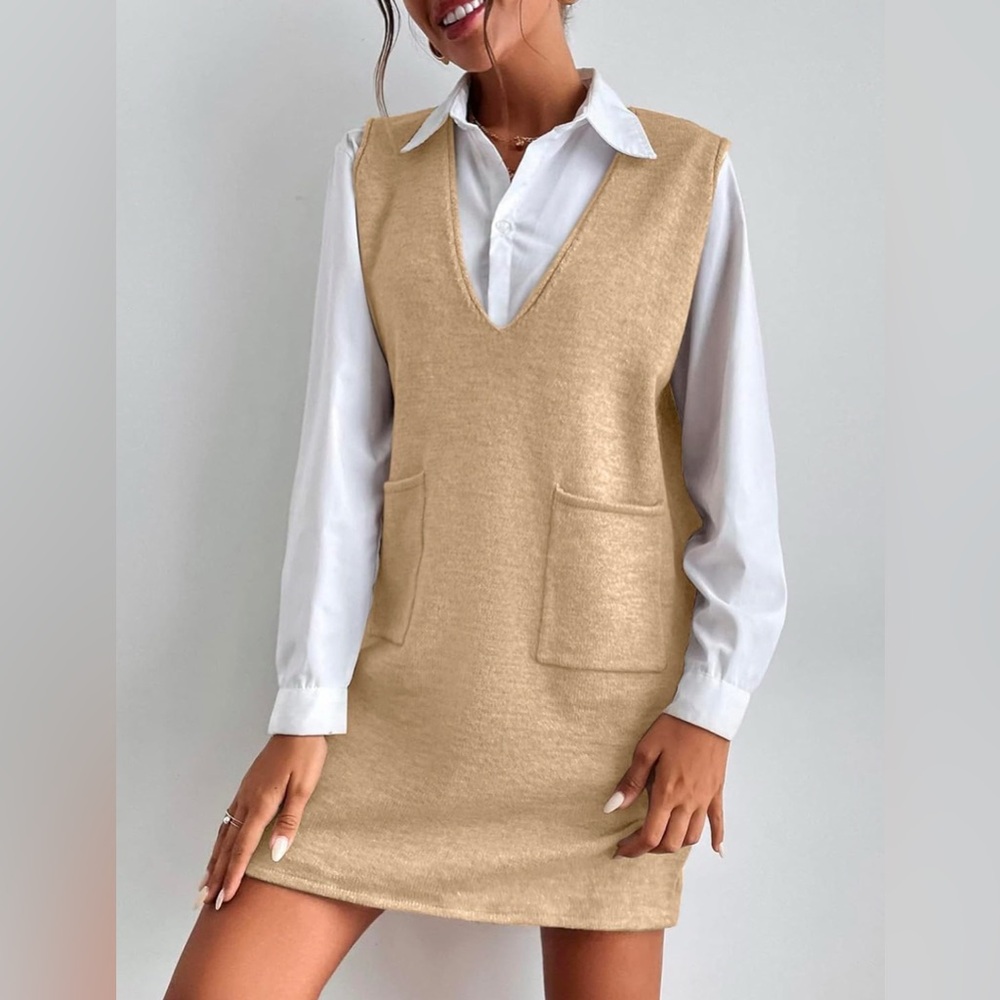 Women's Sleeveless Sweater Dress V Neck Knit Vest Dress with Pockets - Picture 2 of 7